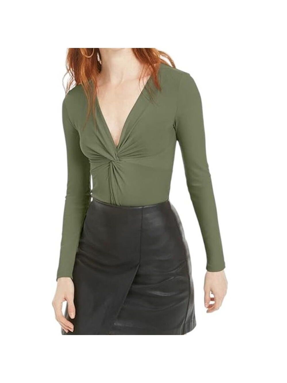 Bar III Dusty Olive Ribbed Twist Front Bodysuit Size Small NWT